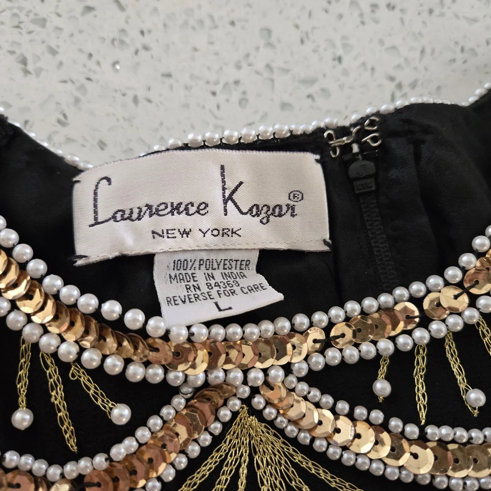 Laurence Kazar Black Top with Gold and White Beading - Picture 3 of 5